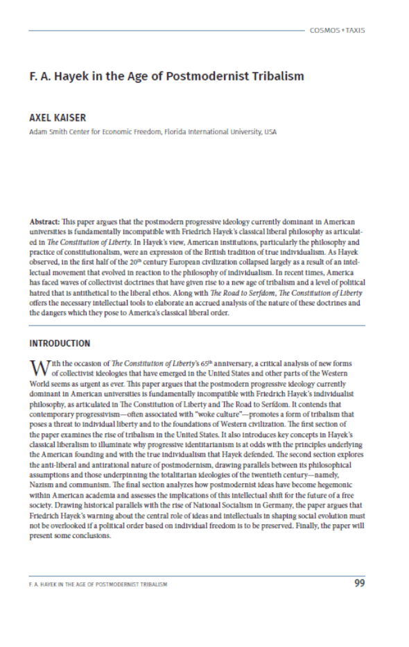 F. A. Hayek in the Age of Postmodernist Tribalism