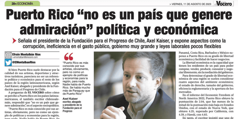 Axel Kaiser en El Vocero: Puerto Rico «no es un país que genere admiración» política y económica
